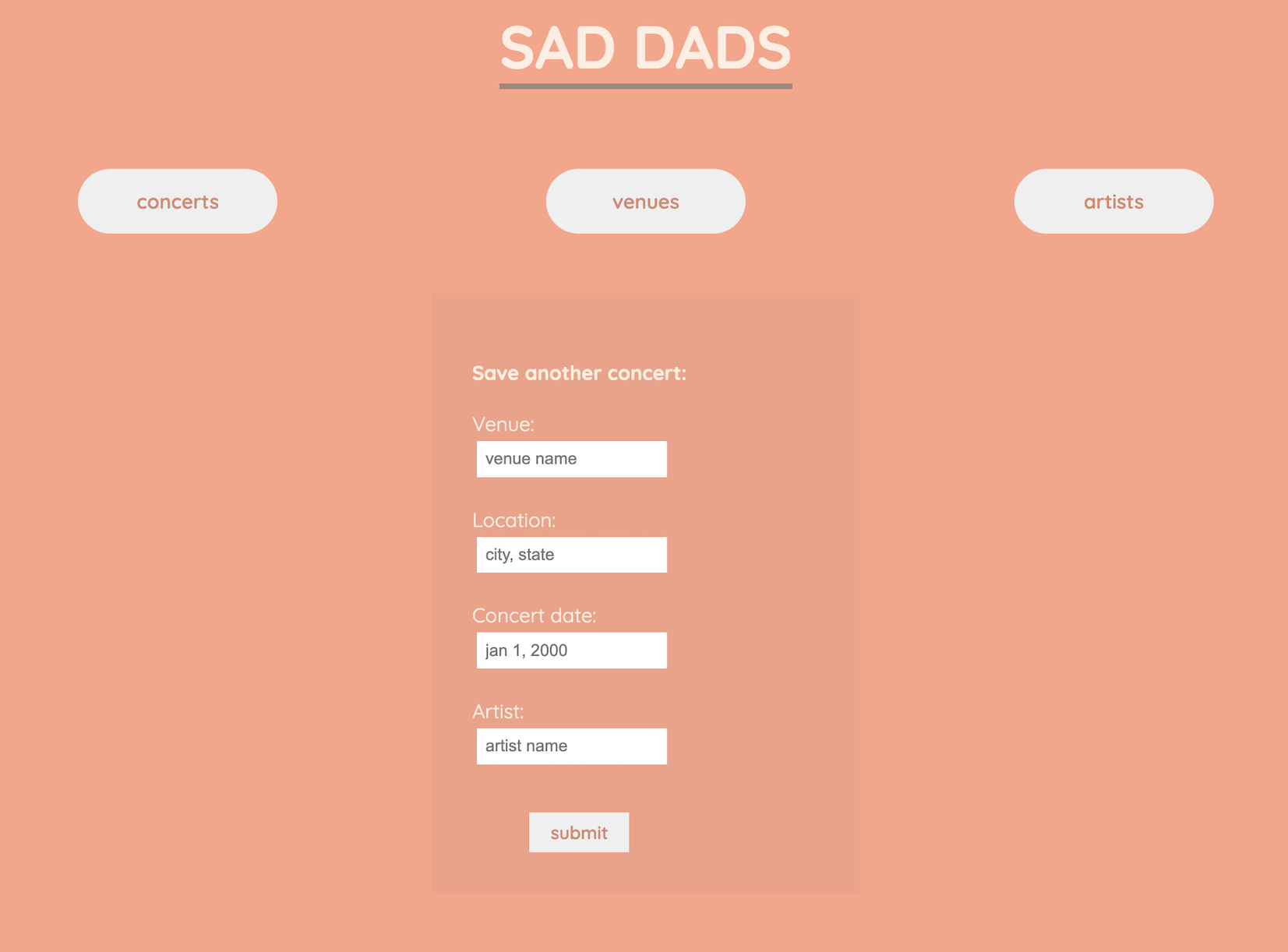 A screenshot of the home page for the Sad Dads concert tracking web application.
